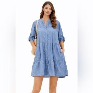 XCVI Blue Tiered Nylon Blend Shirt Dress Button-Up